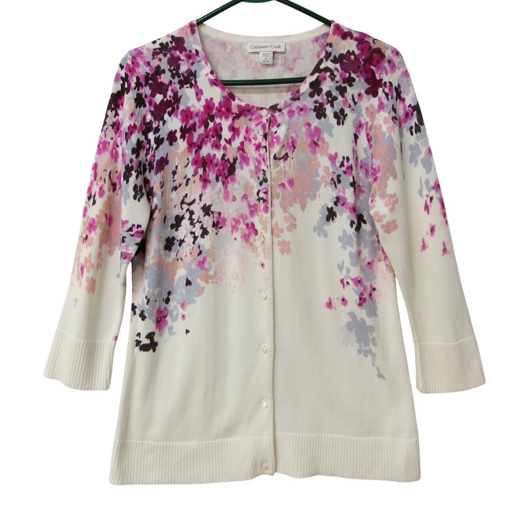 Coldwater Creek Purple Floral Button Front Cardigan Sweater Ivory Medium